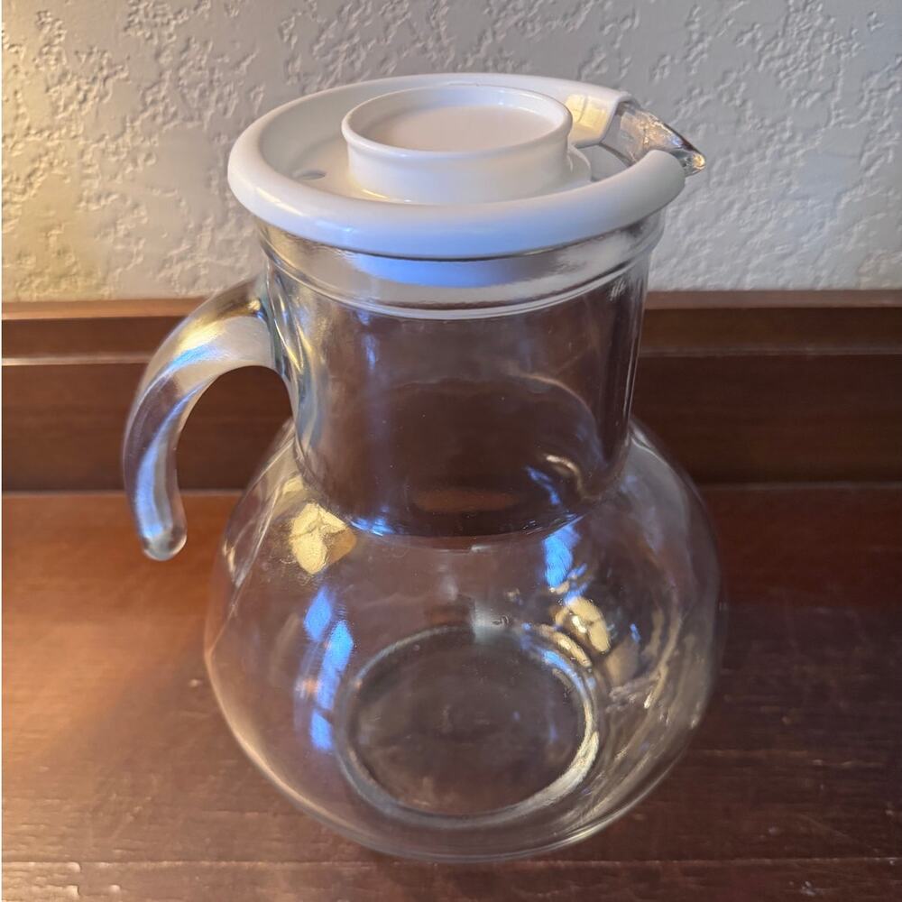 Vintage Clear Glass Pitcher with White Plastic Lid - Italy